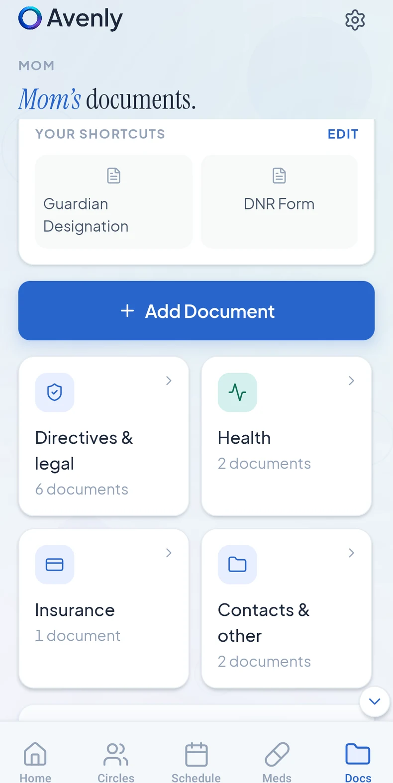 Avenly documents screen