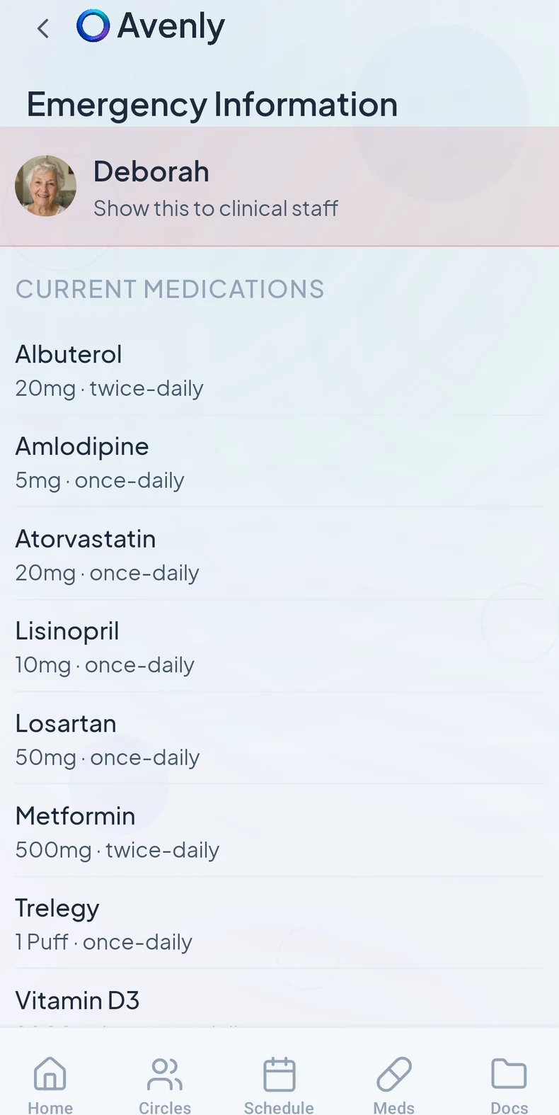 Avenly emergency information screen